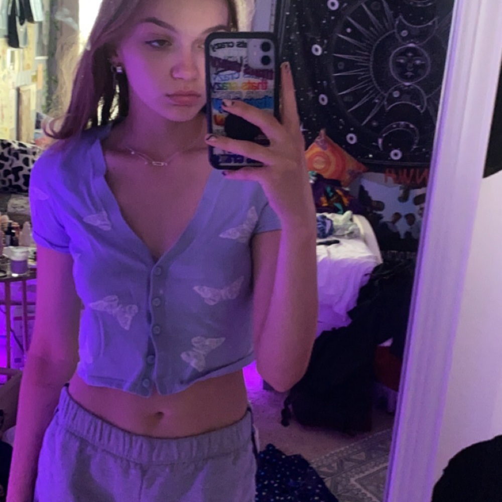 blue and white butterfly crop top